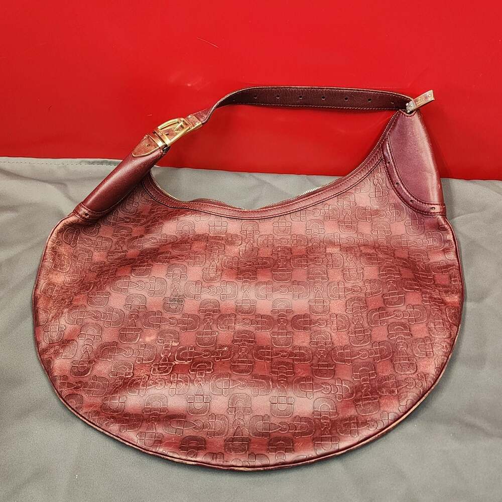Gucci Horsebit Embossed Burgundy Leather Hobo Gold Buckle Vintage Handbag